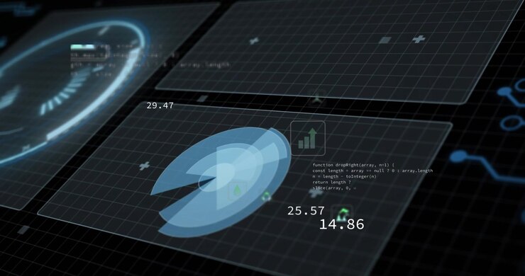 grid activating circular chart on panel green icons emerging and numbers cycling for monitoring