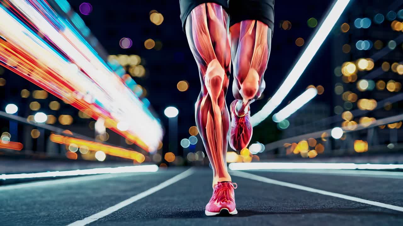 Dynamic low-angle video concept of a runner with superimposed muscle anatomy, capturing motion