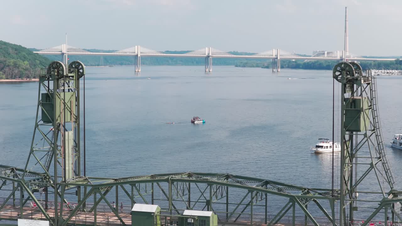 Aerial telephoto rising shot of the vertical life bridge and St. Croix Crossing in Stillwater, Minnesota. 4K