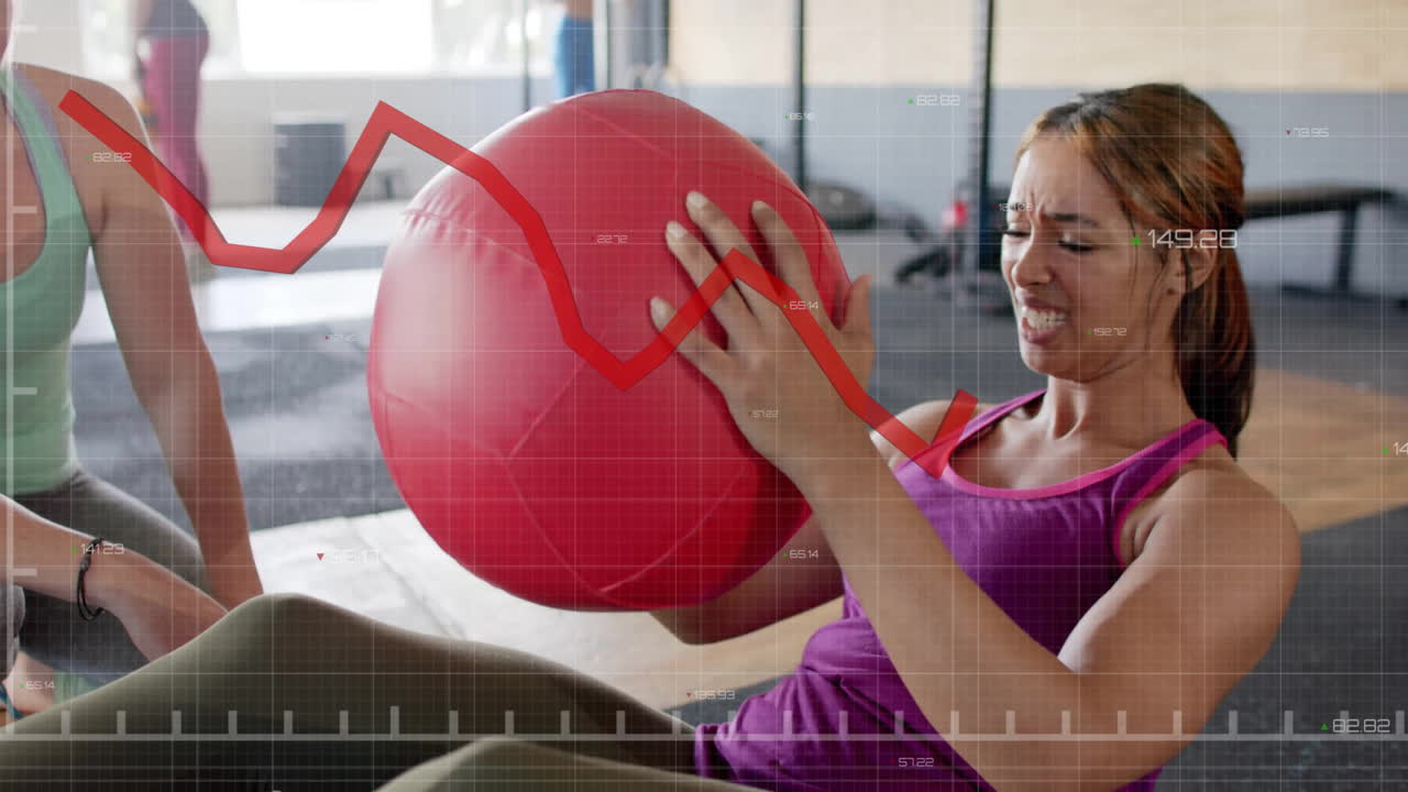 animación gráfica sobre mujeres haciendo ejercicio con pelota de fitness en el gimnasio