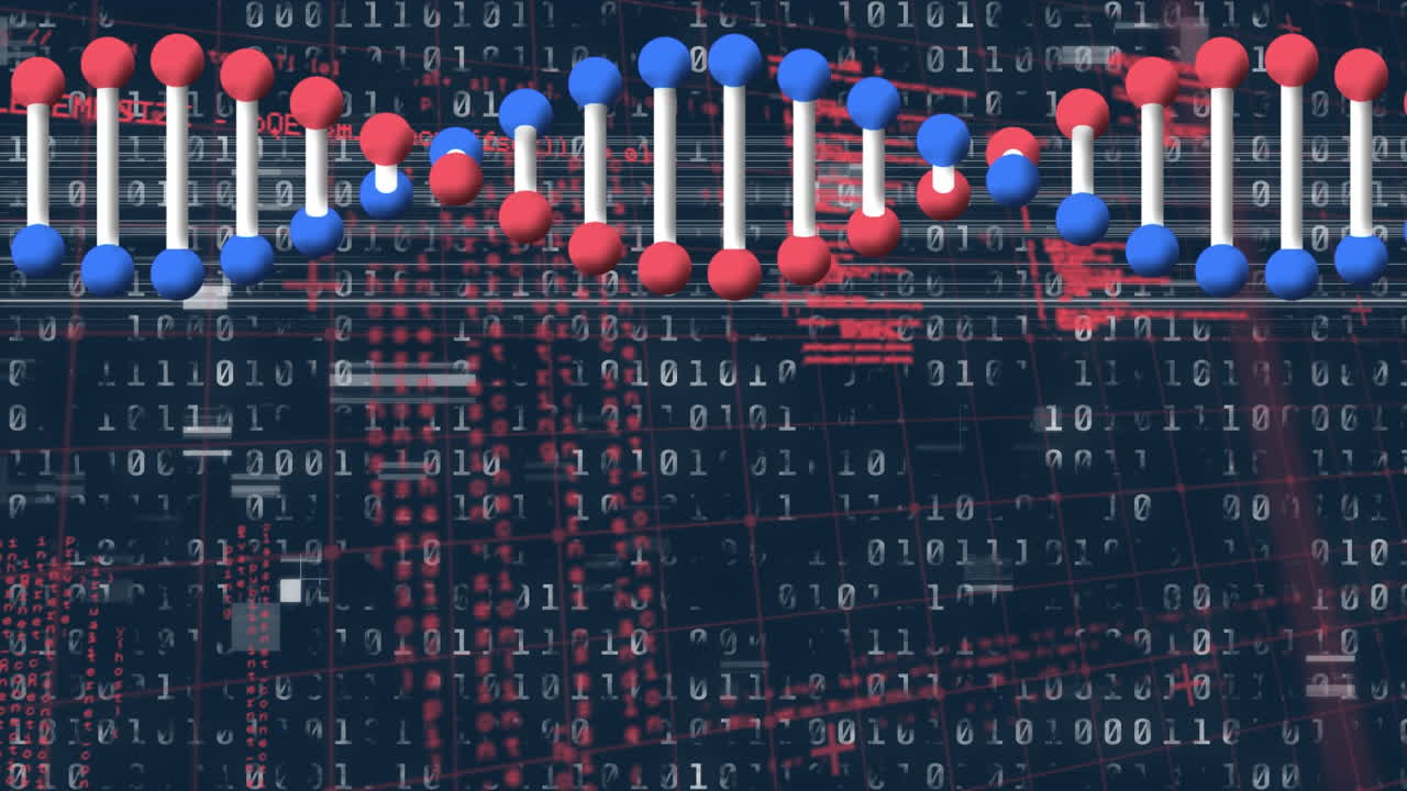animación del procesamiento de datos y la cadena de adn sobre un fondo oscuro