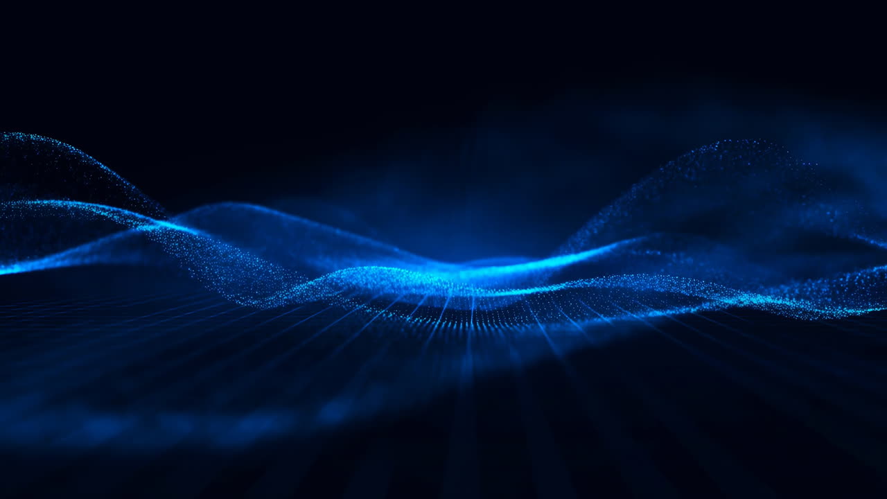 Blue Particle Wave Undulates Over Grid, Dotted Mesh Forms Gentle Hills With Soft Glow, Ambient Technology Mood