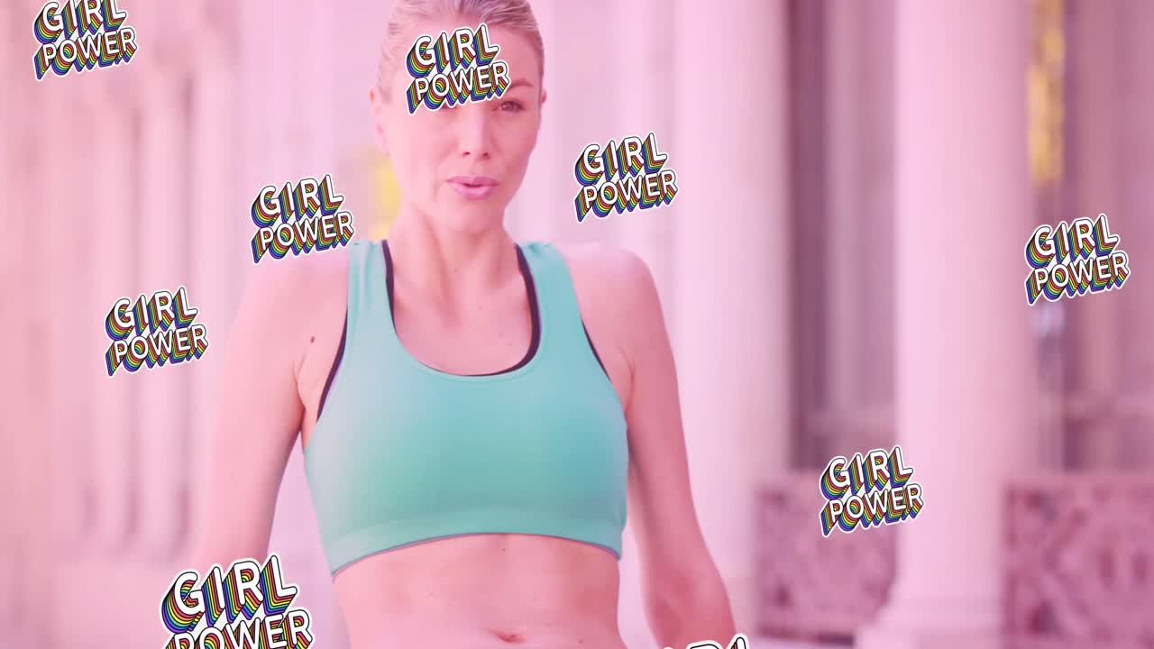 여자 힘의 애니메이션: 하색 여성이 연습하는 위에 텍스트