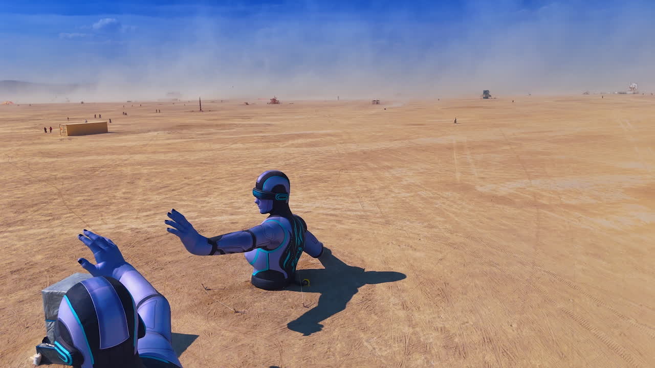 Nevada, USA, 25 August 2025: Aerial drone view of futuristic blue human sculptures rising from the desert during the Burning Man festival