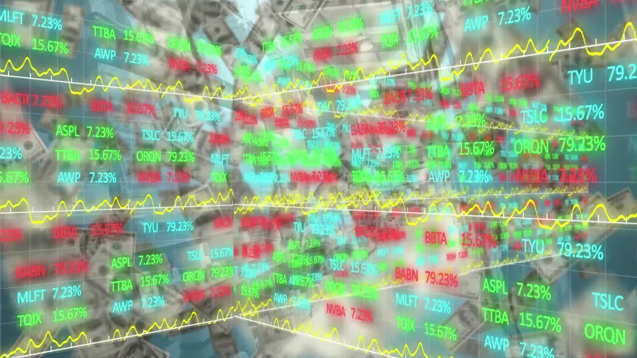 미국 달러를 떠다니는 금융 데이터 처리의 애니메이션