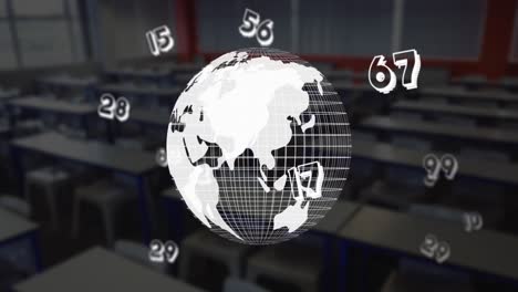 Digital-composition-of-numbers-floating-over-spinning-globe-against-empty-classroom