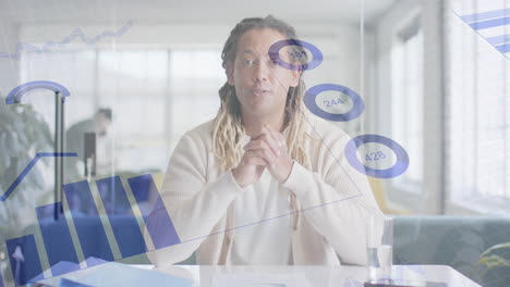 animación del procesamiento de datos financieros sobre un hombre de negocios biracial haciendo una videollamada en la oficina