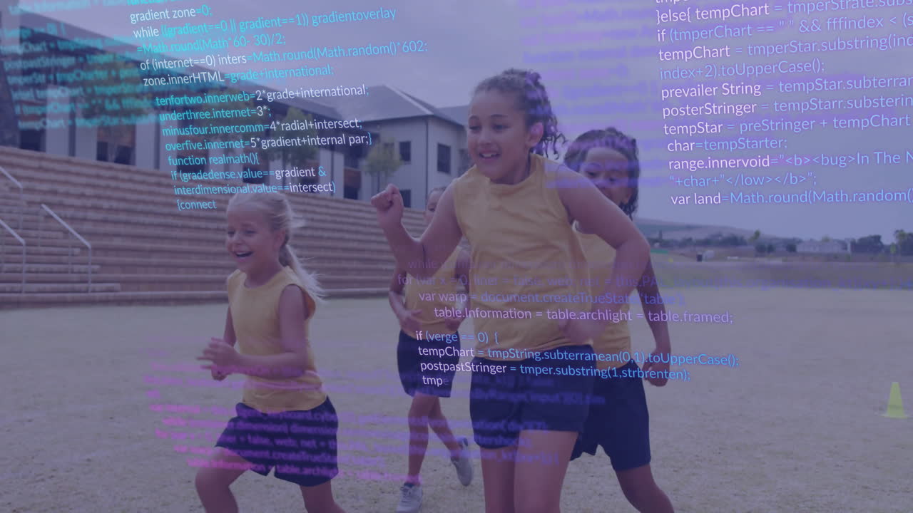 Running outdoors, children with programming code overlay animation in background