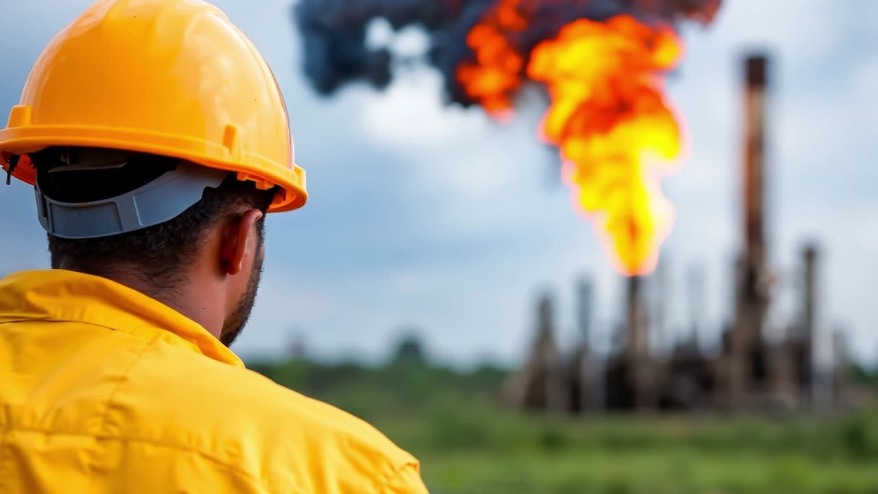 un hombre con un casco duro mirando una plataforma petrolera con llamas saliendo de ella