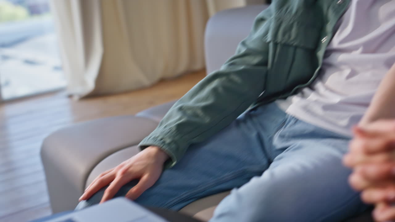 Married pair talking laptop camera enjoy online conversation at home closeup