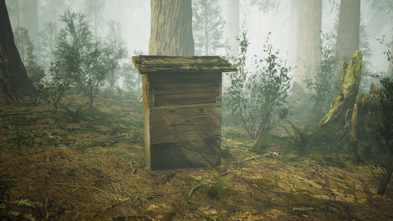Wooden box stands alone in a misty forest creating a mysterious atmosphere