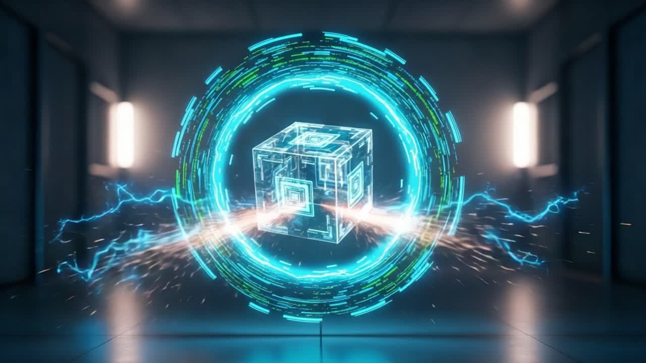 An Electrifying Fusion: A Glowing Cube Surrounded by Dynamic Energy Waves and Digital Effects in a Modern Sci-Fi Environment