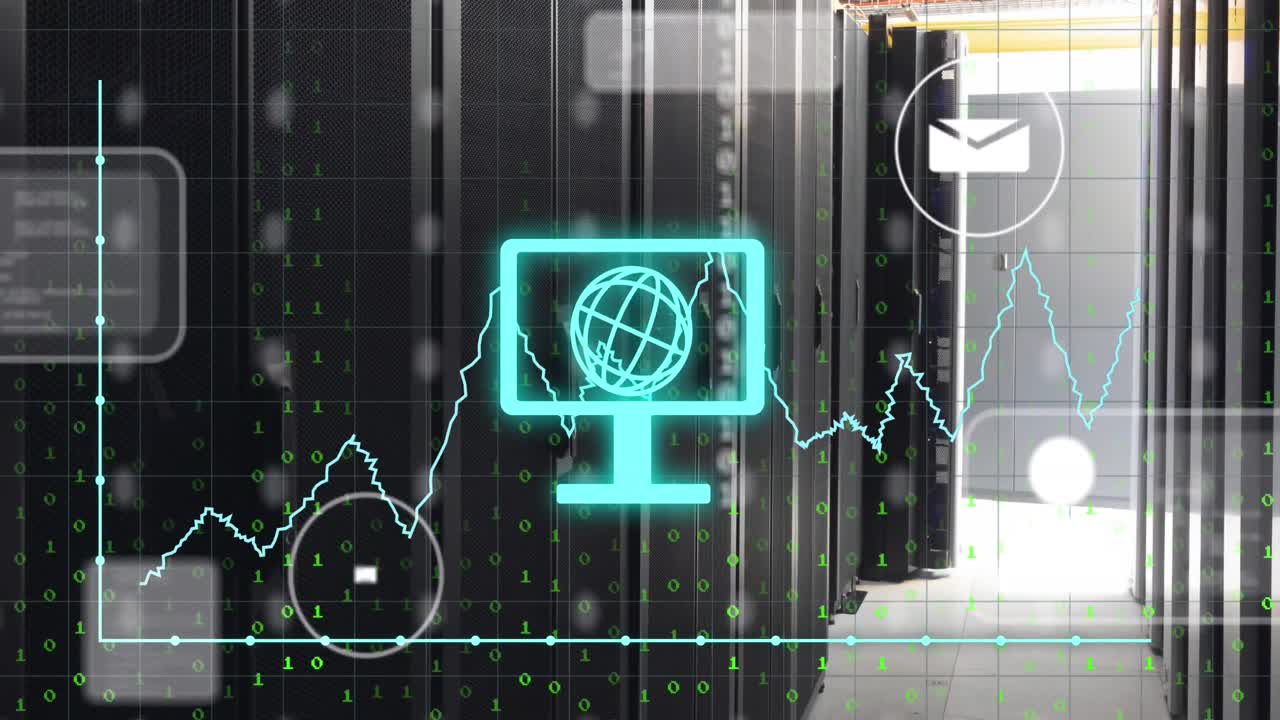 animación de computadora con globo, códigos binarios, gráficos, iconos de redes sociales en la sala del servidor de datos