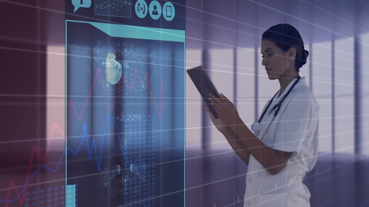 Analyzing digital medical data on futuristic screen, healthcare professional working