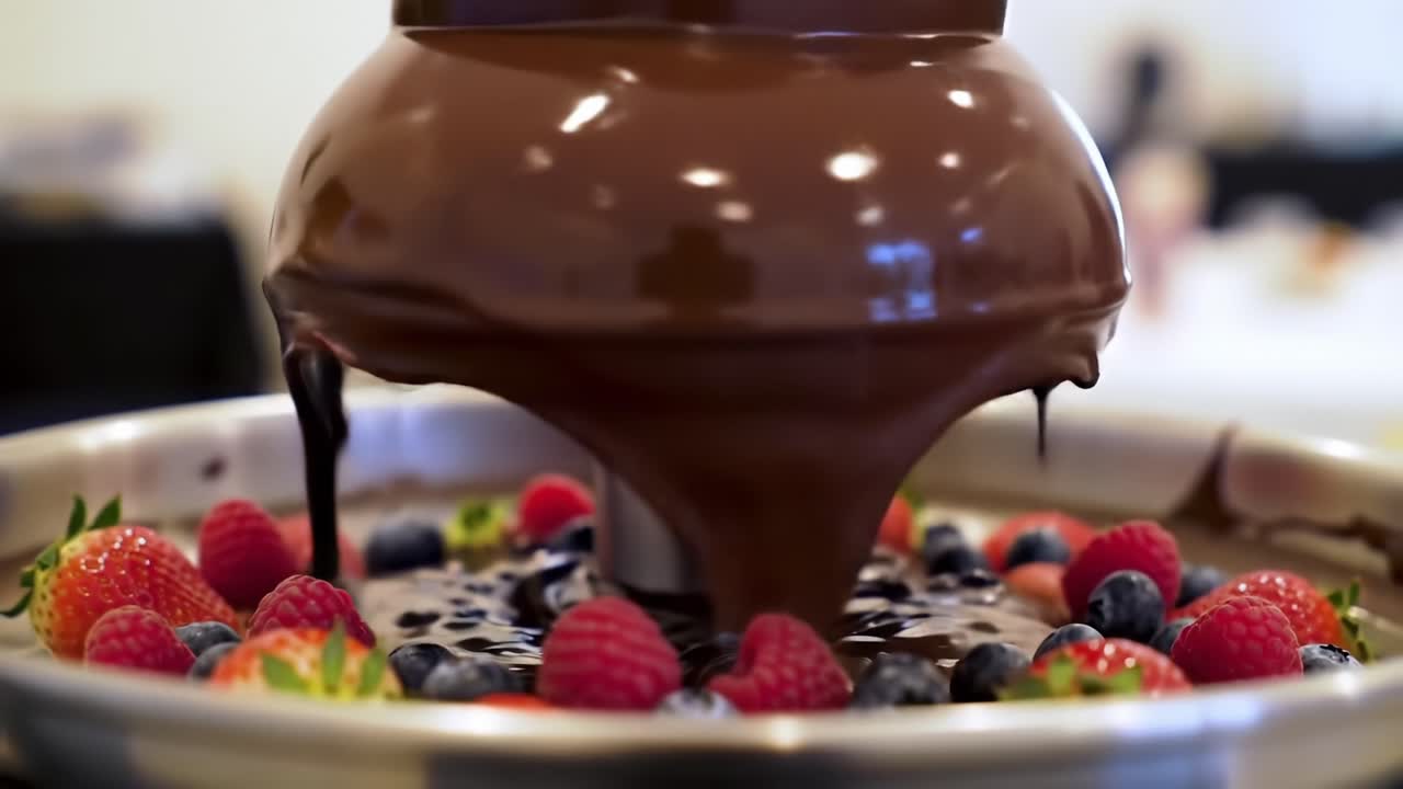 Indulgent Chocolate Fountain Surrounded by Fresh Fruits: A Decadent Delight for Dessert Lovers with Strawberries, Raspberries, and Blueberries Galore