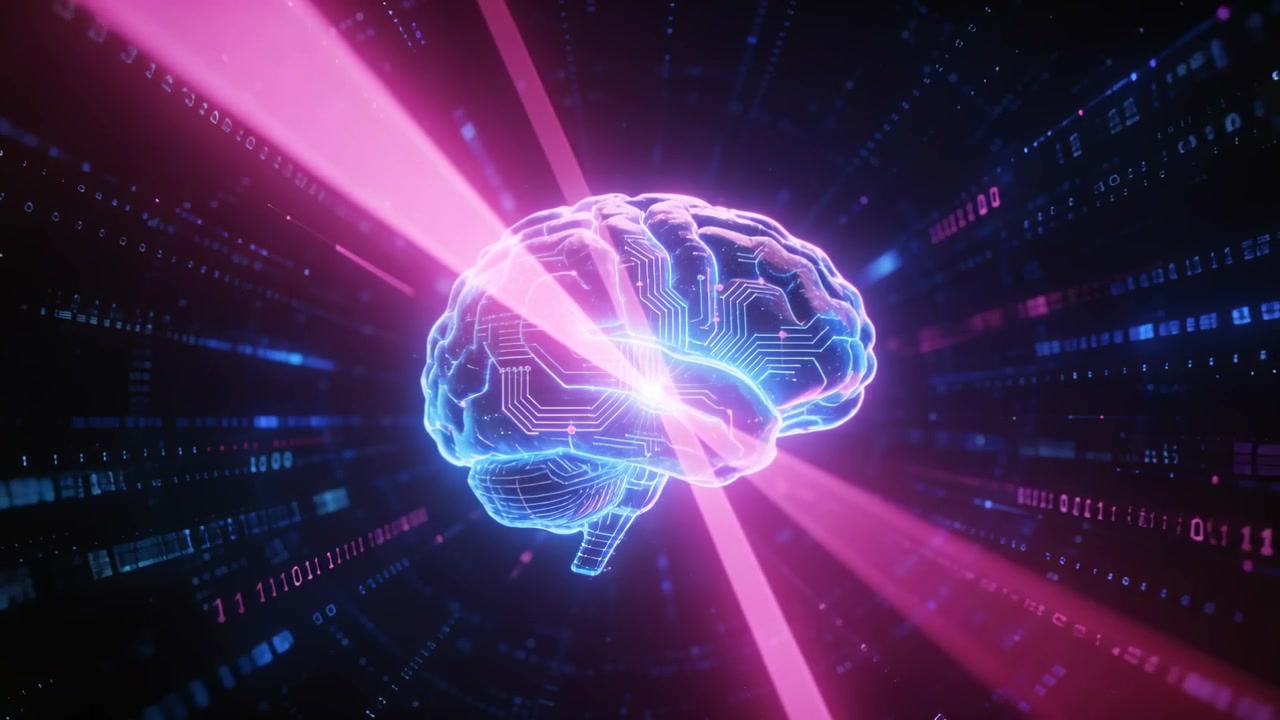 Pulsing holographic brain reacting to diagonal magenta beam in deep cyber void, with circuitry glow