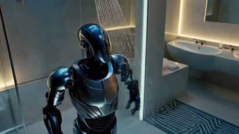 robot taking a shower in a futuristic bathroom