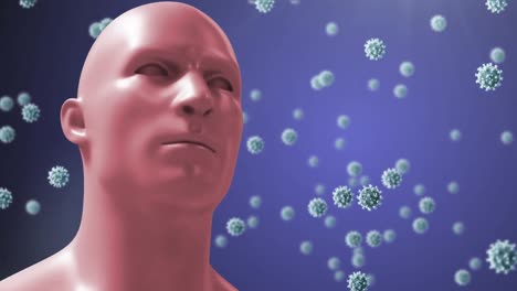 Animation-of-human-head-becoming-red-and-covid-19-cells-floating-over-purple-background