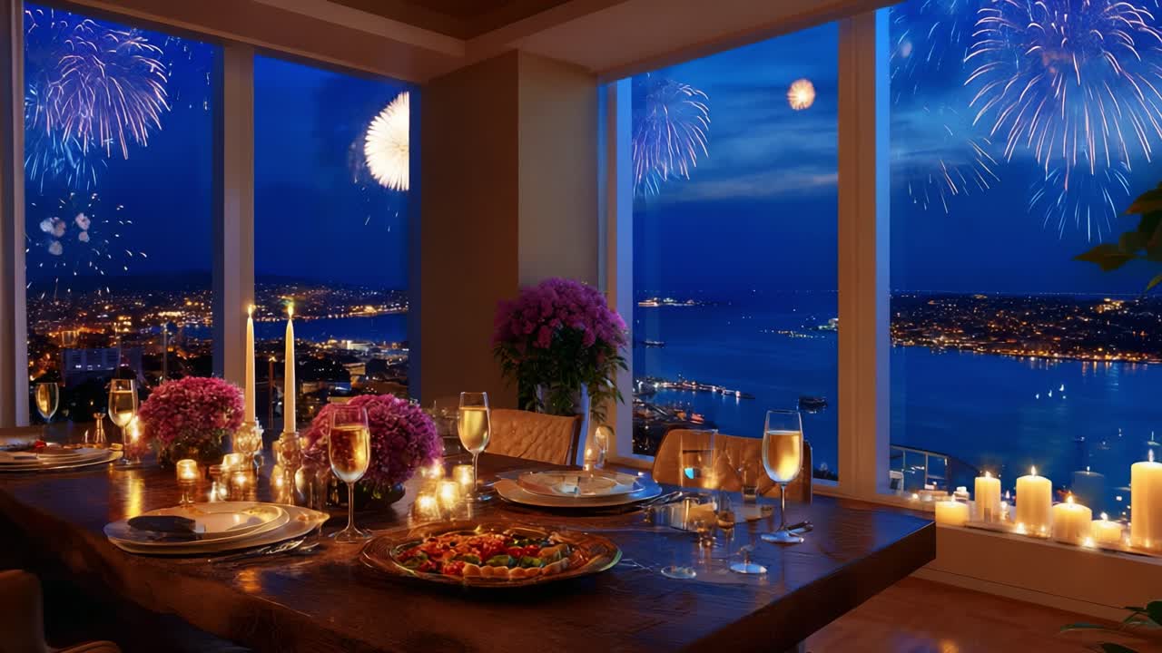 A Captivating Evening Setting Illuminated by Fireworks Overlooking a Scenic View: A Luxurious Dining Experience with Candlelight, Fine Dishes, and Floral Arrangements in an Elegant Atmosphere