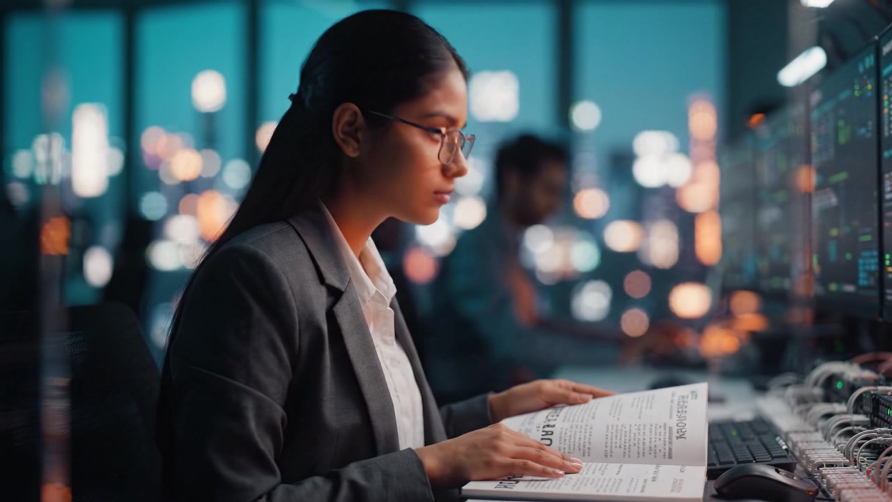Focused professional reviewing important documents in a modern office setting, surrounded by advanced technology and city lights illuminating the background at night.