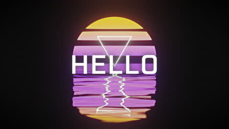 animation of hello text in white and triangle over setting sun and water, on black background