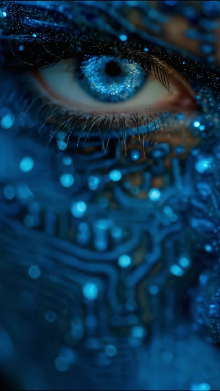 A Close-Up View of a Futuristic Human Eye Enhanced with Advanced Technology, Glimmering with Blue and Silver Sparks, Surrounded by Intricate Circuit Patterns