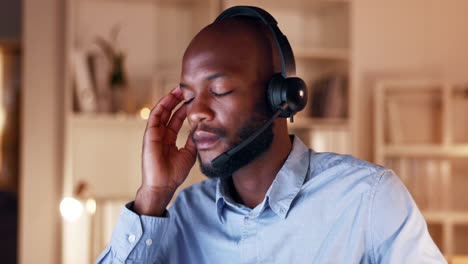 Black-man,-call-center-and-headache-at-night