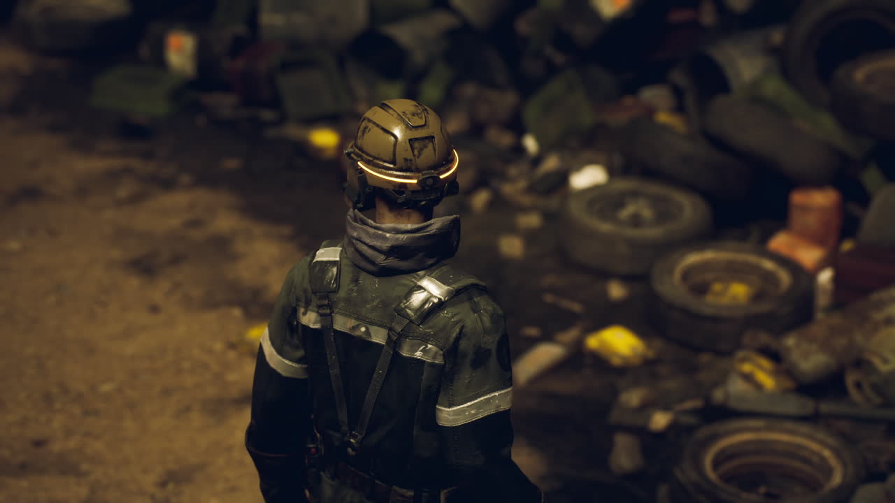 Worker examines debris in a cluttered industrial site during nighttime hours