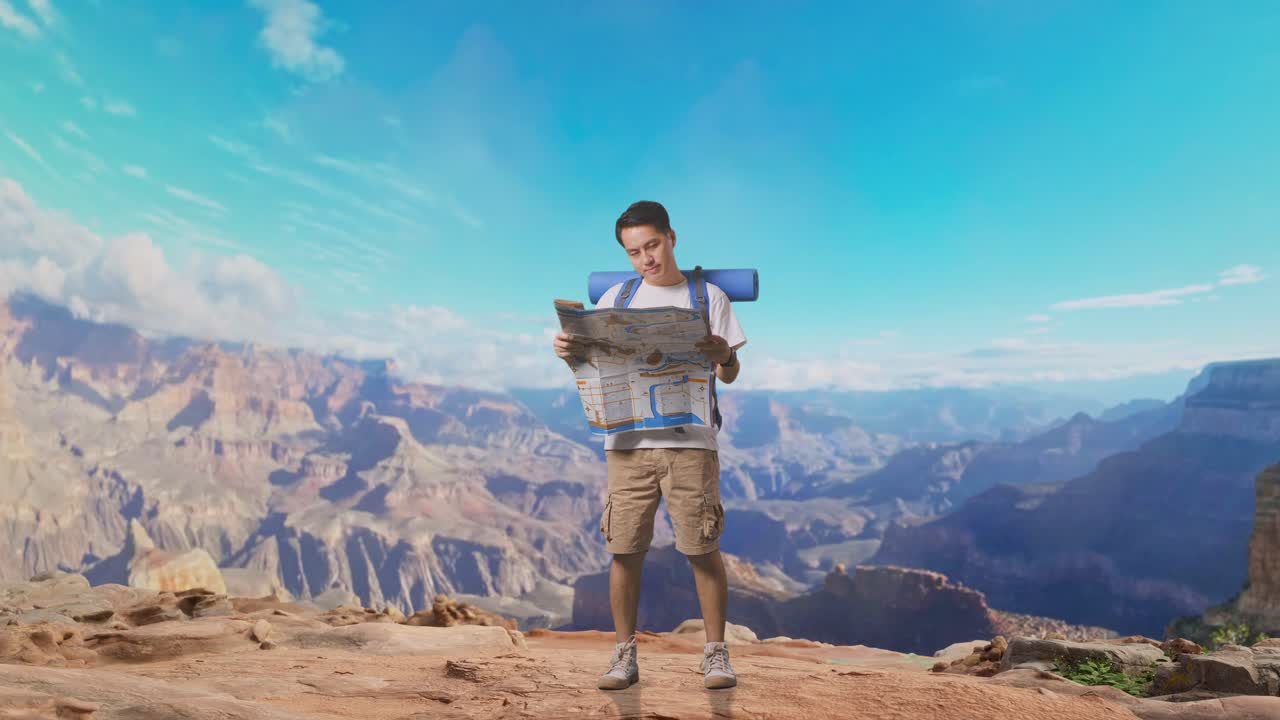 Full Body Of Asian Male Hiker With Mountaineering Backpack Looking At The Map Then Smiling To Camera While Traveling At The Top Of Mountain