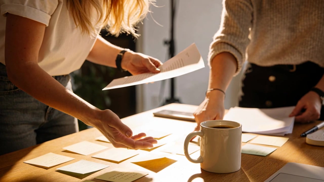 Twee vrouwen in een witte top houden papieren vast, leunen over een houten tafel, sorteren plaknotities, plannen en er staat een mok.