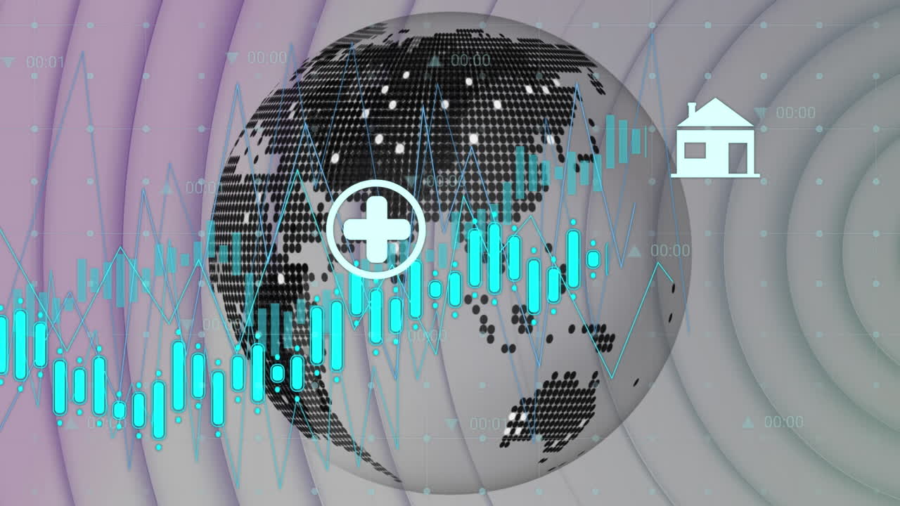 animación de iconos digitales y procesamiento de datos sobre un globo giratorio contra círculos concéntricos.