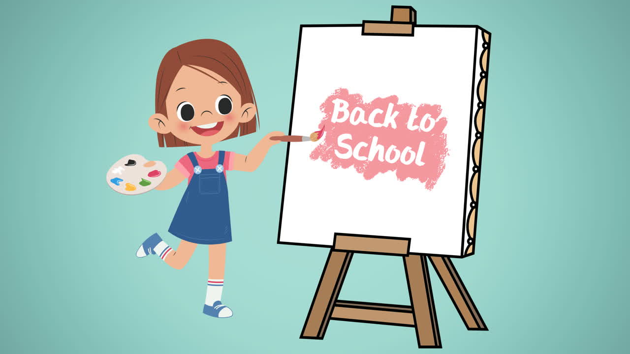 animación de una escolar digital pintando un texto de regreso a la escuela en un caballete sobre un fondo verde