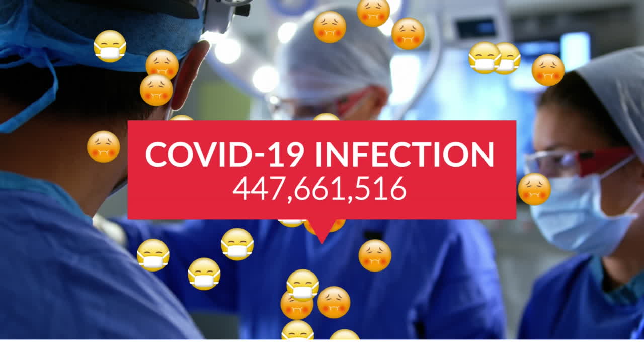 Animation of covid 19 data processing over emojis in face masks and operating surgeons