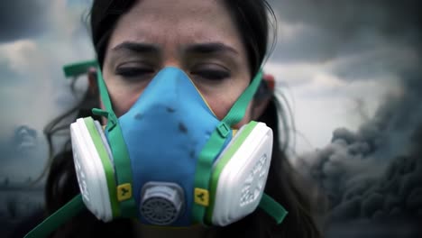 a close-up portrayal of a woman wearing a protective mask against a dramatic and unsettling background, highlighting environmental concerns and personal safety