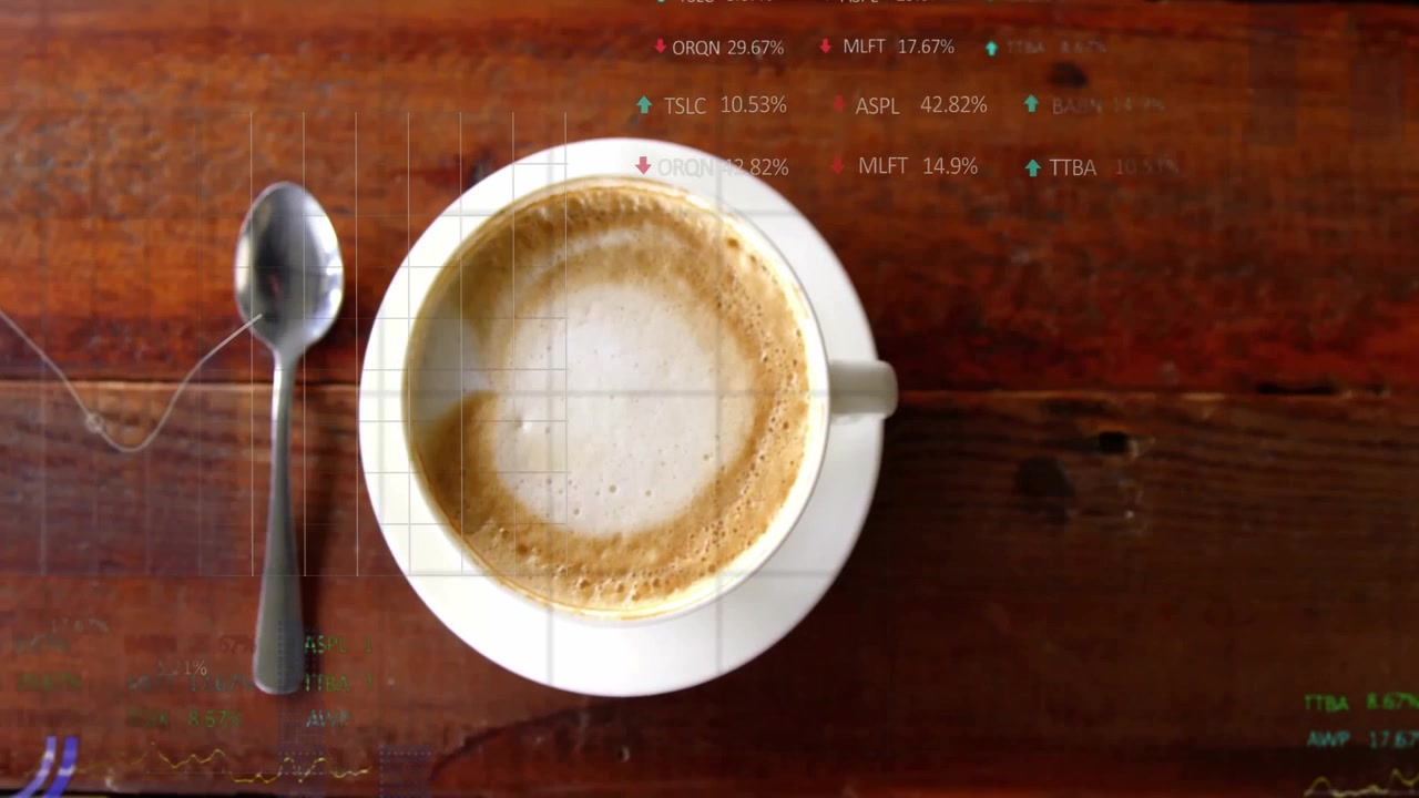 Latte em xícara fazendo símbolos financeiros desaparecerem enquanto um gráfico é desenhado sobre a colher mostrando tendências