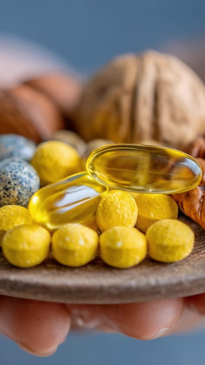 Exibição de suplementos nutricionais: close-up de vitaminas e suplementos coloridos exibidos em destaque em um prato de madeira na mão, destacando as escolhas de saúde e bem-estar