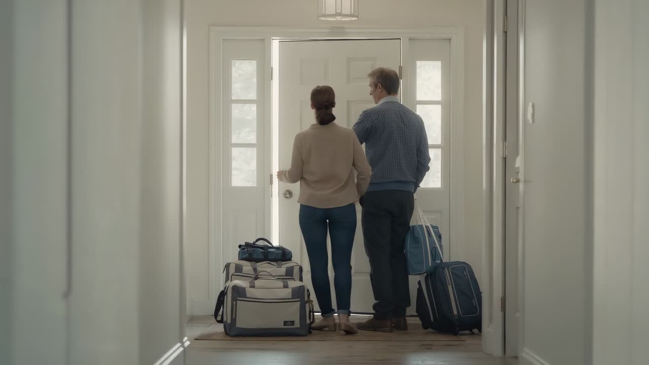 Turning doorknob couple in sweaters opening front door in foyer preparing to leave with luggage