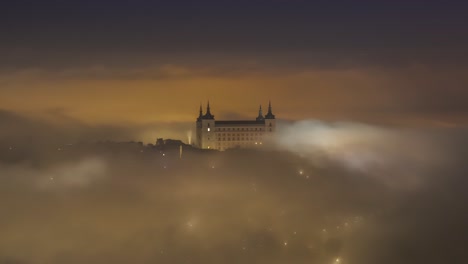 Magnificent-landscape-of-medieval-palace-in-foggy-dusk