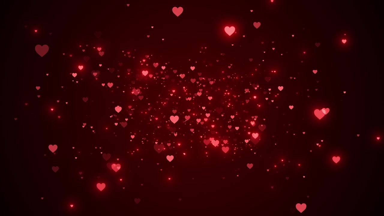 Cuori rossi romantici, particelle luminose, forme d'amore, toni profondi, punti sparsi delicati, San Valentino.