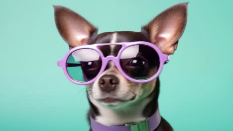 fashionable chihuahua dog, sporting stylish purple sunglasses and a matching collar, posing confidently against a vibrant turquoise background in the studio, looking playfully to the side