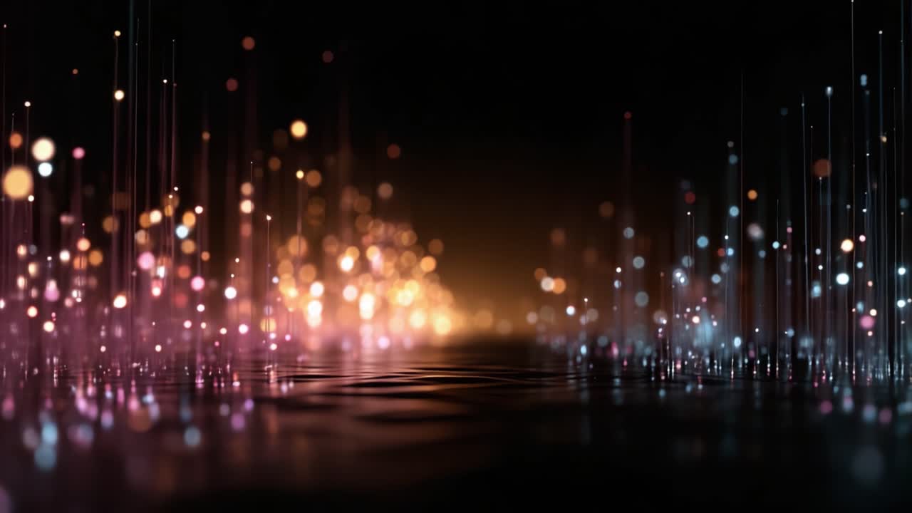 Una straordinaria immagine di raggi di luce colorati e riflessi che creano un'incantevole scena astratta su una superficie scura con onde delicate