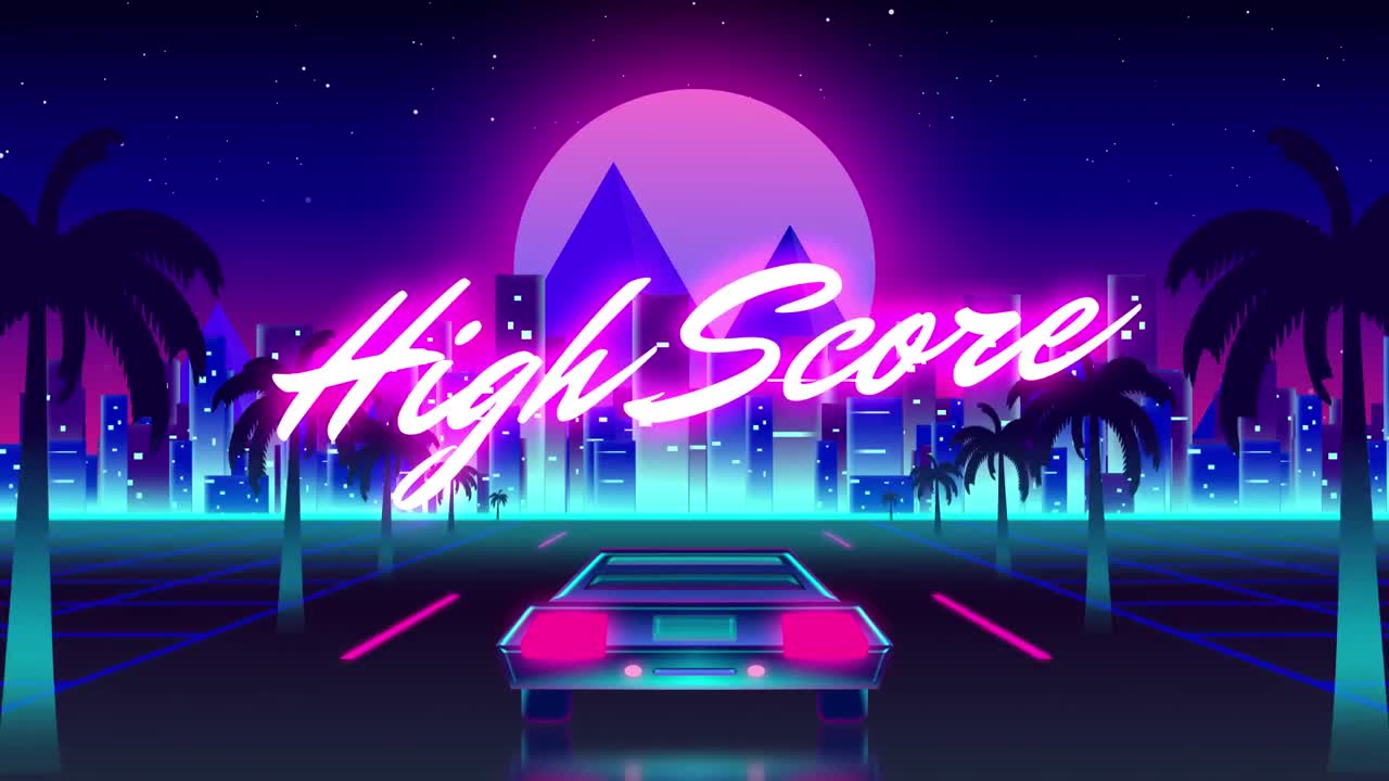 Animazione schermata di videogioco vintage con la scritta punteggio massimo