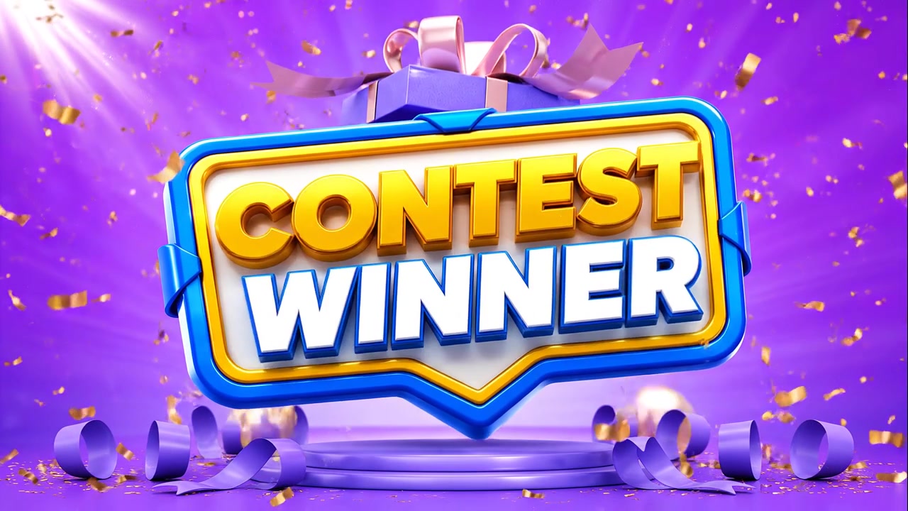 Contest Winner Announcement with Gift Box and Confetti on Purple Background