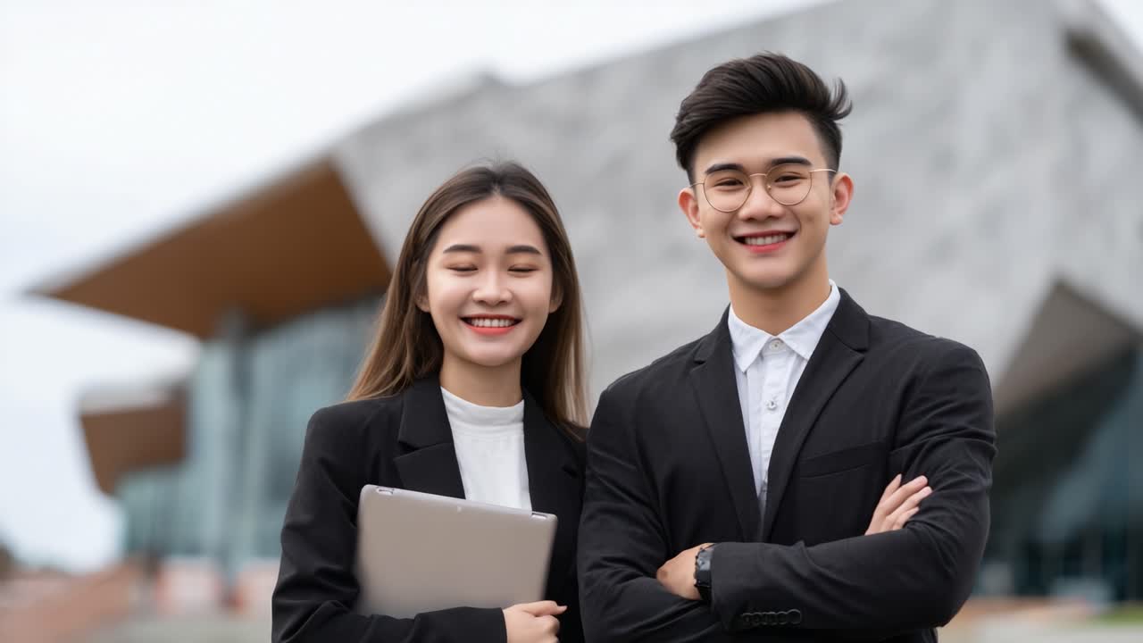 Professional Duo Posing Confidently Against a Modern Architectural Backdrop, Displaying Success and Teamwork in a Contemporary Business Environment