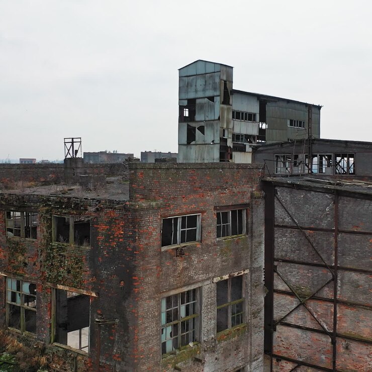 Ruinas de una antigua fábrica. Antiguo complejo industrial. Vista aérea