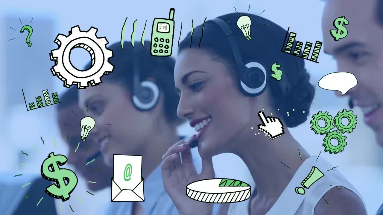 Animation of icons over business people wearing phone headsets
