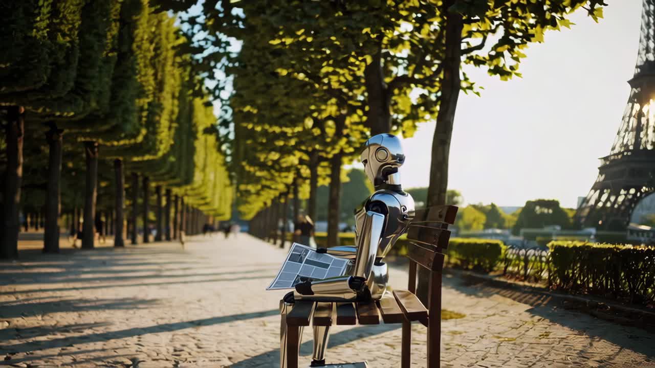 un robot leyendo el periódico en parís.