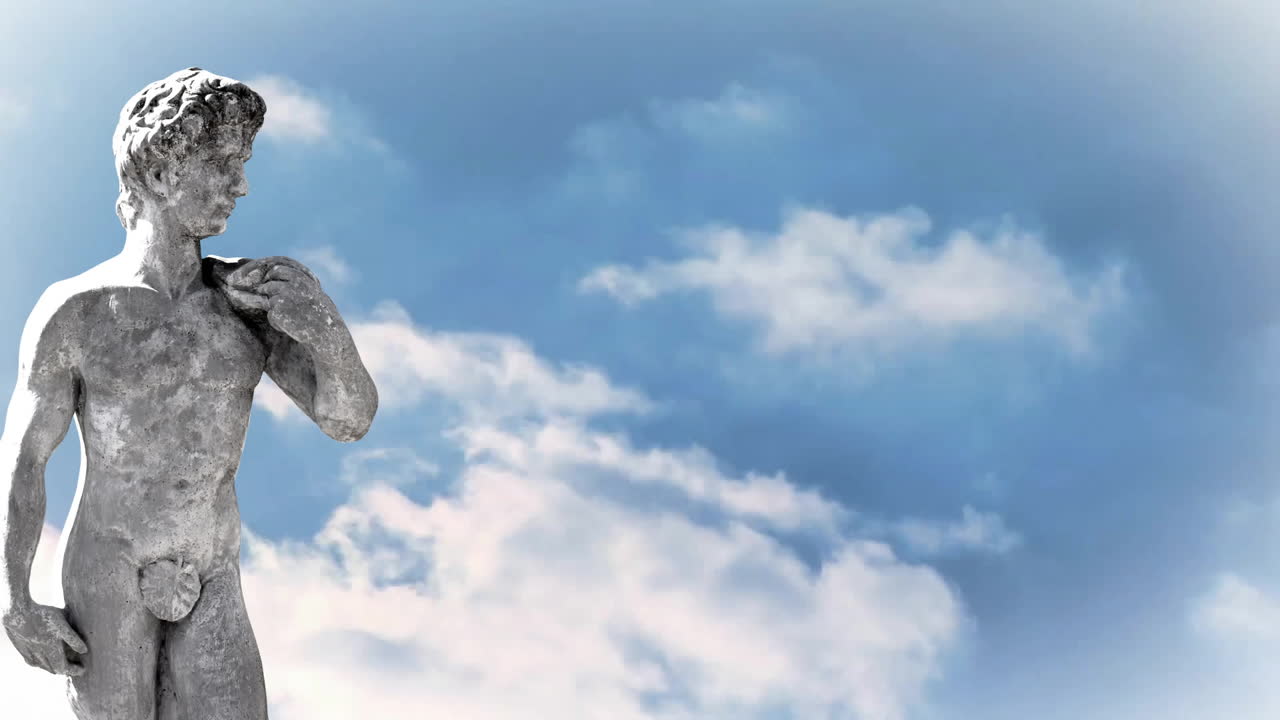 Animation of sculpture over sky with clouds