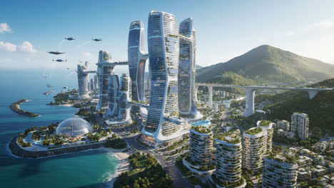 futuristic coastal city with advanced architecture and drone technology
