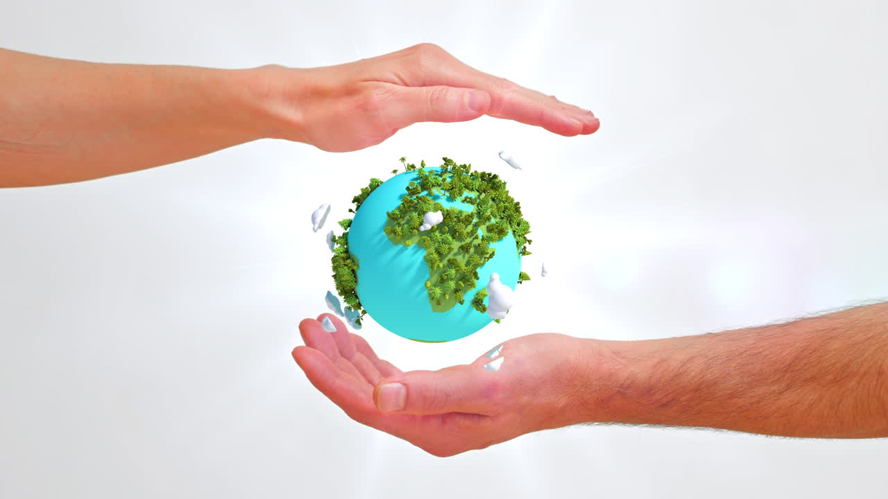 Manos humanas protegiendo un globo terráqueo verde estilizado